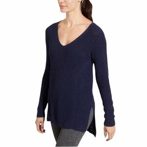Athleta Highline Blue Sz M V-Neck Cotton Ribbed Knit Long Sleeve Tunic Sweater